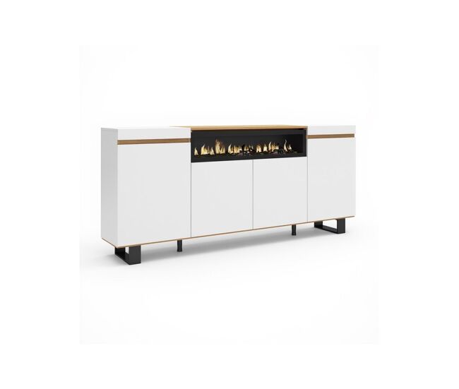 Aparador de 4 puertas con chimenea integrada y patas en blanco y roble arena 203 cm kavos up blanco - roble arena 203 x 87 x 34,6 cm