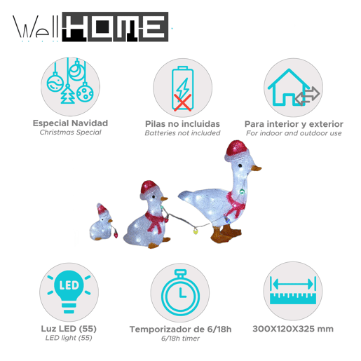 Conjunto de 3 patos decorativos de Natal com luzes LED e temporizador