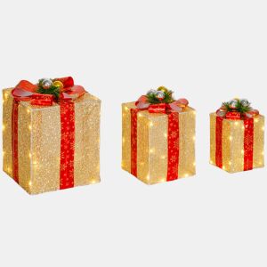 Outsunny Conjunto de 3 Caixas de Presente de Natal com Luzes Enfeites Luminosos para Árvore de Natal com 58 LEDs Branco Quente Iluminação Natalícia para Interior Exterior e Festa Dourado