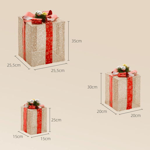 Outsunny Conjunto de 3 Caixas de Presente de Natal com Luzes Enfeites Luminosos para Árvore de Natal com 58 LEDs Branco Quente Iluminação Natalícia para Interior Exterior e Festa Dourado Outsunny Conjunto de 3 Caixas de Presente de Natal com Luzes Enfeites Luminosos para Árvore de Natal com 58 LEDs Branco Quente Iluminação Natalícia para Interior Exterior e Festa Dourado