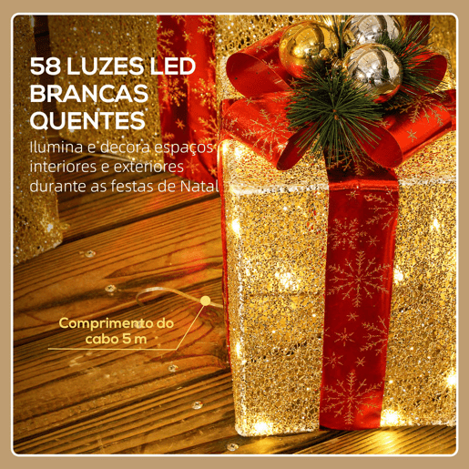 Outsunny Conjunto de 3 Caixas de Presente de Natal com Luzes Enfeites Luminosos para Árvore de Natal com 58 LEDs Branco Quente Iluminação Natalícia para Interior Exterior e Festa Dourado Outsunny Conjunto de 3 Caixas de Presente de Natal com Luzes Enfeites Luminosos para Árvore de Natal com 58 LEDs Branco Quente Iluminação Natalícia para Interior Exterior e Festa Dourado