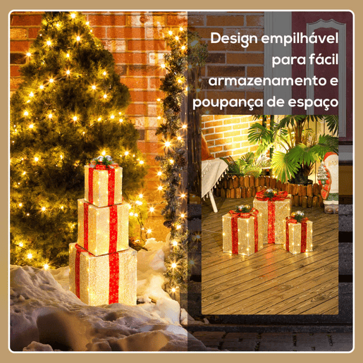 Outsunny Conjunto de 3 Caixas de Presente de Natal com Luzes Enfeites Luminosos para Árvore de Natal com 58 LEDs Branco Quente Iluminação Natalícia para Interior Exterior e Festa Dourado Outsunny Conjunto de 3 Caixas de Presente de Natal com Luzes Enfeites Luminosos para Árvore de Natal com 58 LEDs Branco Quente Iluminação Natalícia para Interior Exterior e Festa Dourado