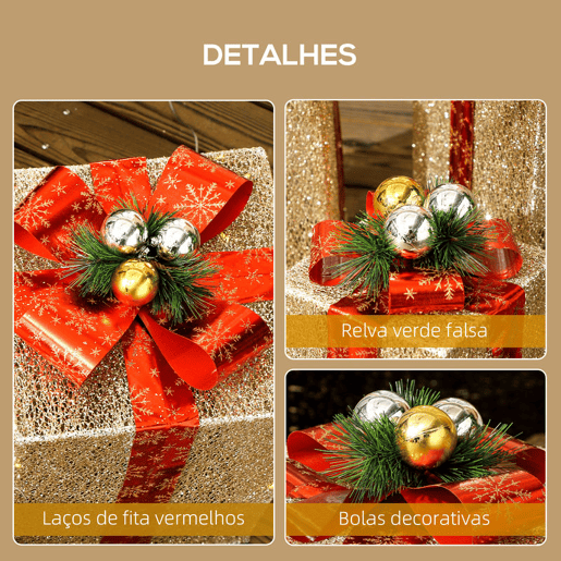 Outsunny Conjunto de 3 Caixas de Presente de Natal com Luzes Enfeites Luminosos para Árvore de Natal com 58 LEDs Branco Quente Iluminação Natalícia para Interior Exterior e Festa Dourado Outsunny Conjunto de 3 Caixas de Presente de Natal com Luzes Enfeites Luminosos para Árvore de Natal com 58 LEDs Branco Quente Iluminação Natalícia para Interior Exterior e Festa Dourado