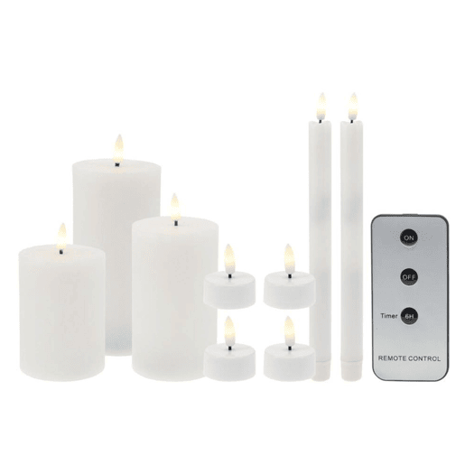 Conjunto de 9 velas LED de diferentes tamanhos com controle remoto