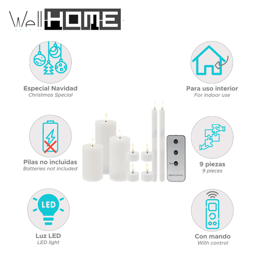 Conjunto de 9 velas LED de diferentes tamanhos com controle remoto