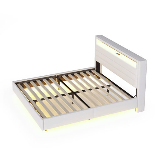 Cama estofada 140x200 cm - com porta USB e luz LED, cabeceira reversível, pé oculto, cama de casal, cama juvenil, cama para adultos - Bege