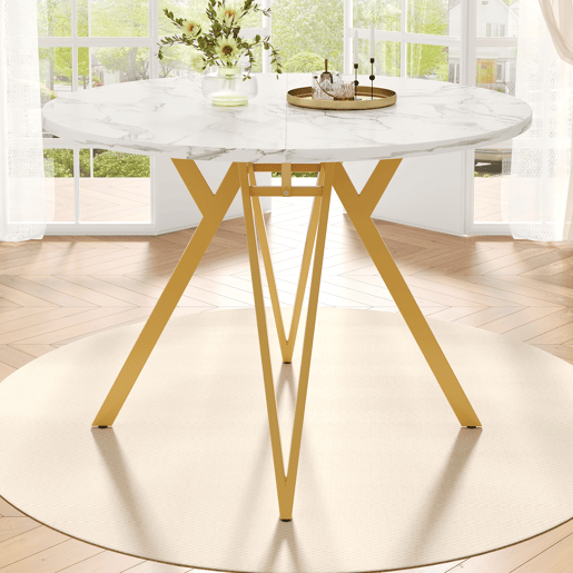 Mesa redonda 100x100 cm - Mesa de cozinha, mesa de jantar para 4 pessoas, pernas metálicas, tampo em MDF mármore - Dourado