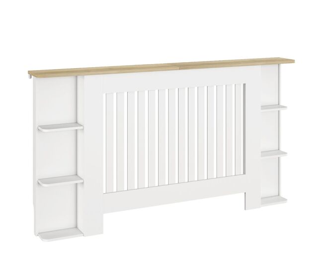 Homcom cubre radiadores con estantes, cubreradiador de mdf, cubierta para radiador, diseño moderno de listones, para salón, dormitorio, 152x19x83 cm, blanco