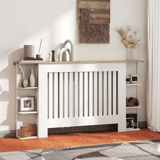 HOMCOM Cobertura para Radiadores com Prateleiras Cobertura de Radiador em MDF Cobertura para Radiador Desenho Moderno de Ripas para Sala de Estar Quarto 152x19x83 cm Branco