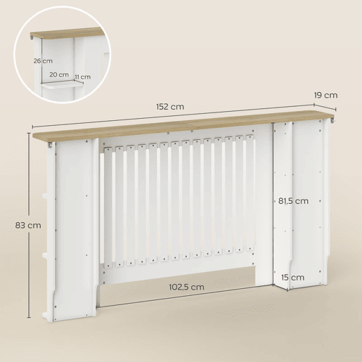 HOMCOM Cobertura para Radiadores com Prateleiras Cobertura de Radiador em MDF Cobertura para Radiador Desenho Moderno de Ripas para Sala de Estar Quarto 152x19x83 cm Branco
