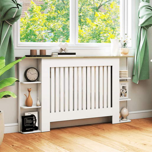HOMCOM Cobertura para Radiadores com Prateleiras Cobertura de Radiador em MDF Cobertura para Radiador Desenho Moderno de Ripas para Sala de Estar Quarto 152x19x83 cm Branco