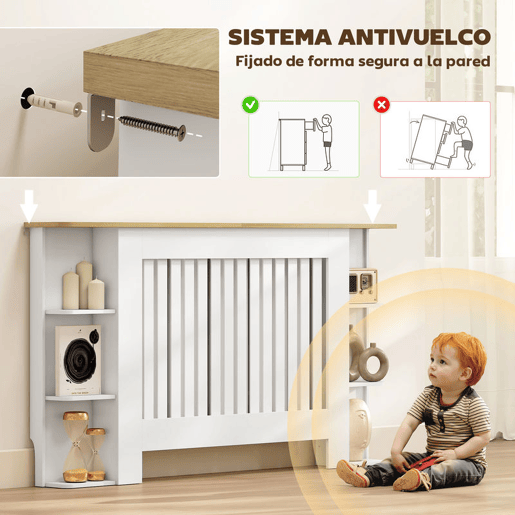 HOMCOM Cobertura para Radiadores com Prateleiras Cobertura de Radiador em MDF Cobertura para Radiador Desenho Moderno de Ripas para Sala de Estar Quarto 152x19x83 cm Branco
