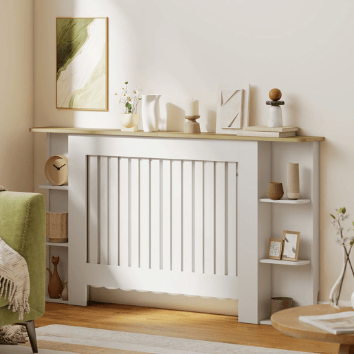 HOMCOM Cobertura para Radiadores com Prateleiras Cobertura de Radiador em MDF Cobertura para Radiador Desenho Moderno de Ripas para Sala de Estar Quarto 152x19x83 cm Branco
