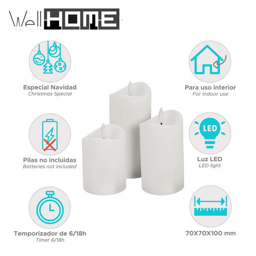 Conjunto de 3 velas LED com efeito gelatina, função temporizador,