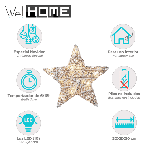 Estrela luminosa decorativa com 10 luzes LED com glitter