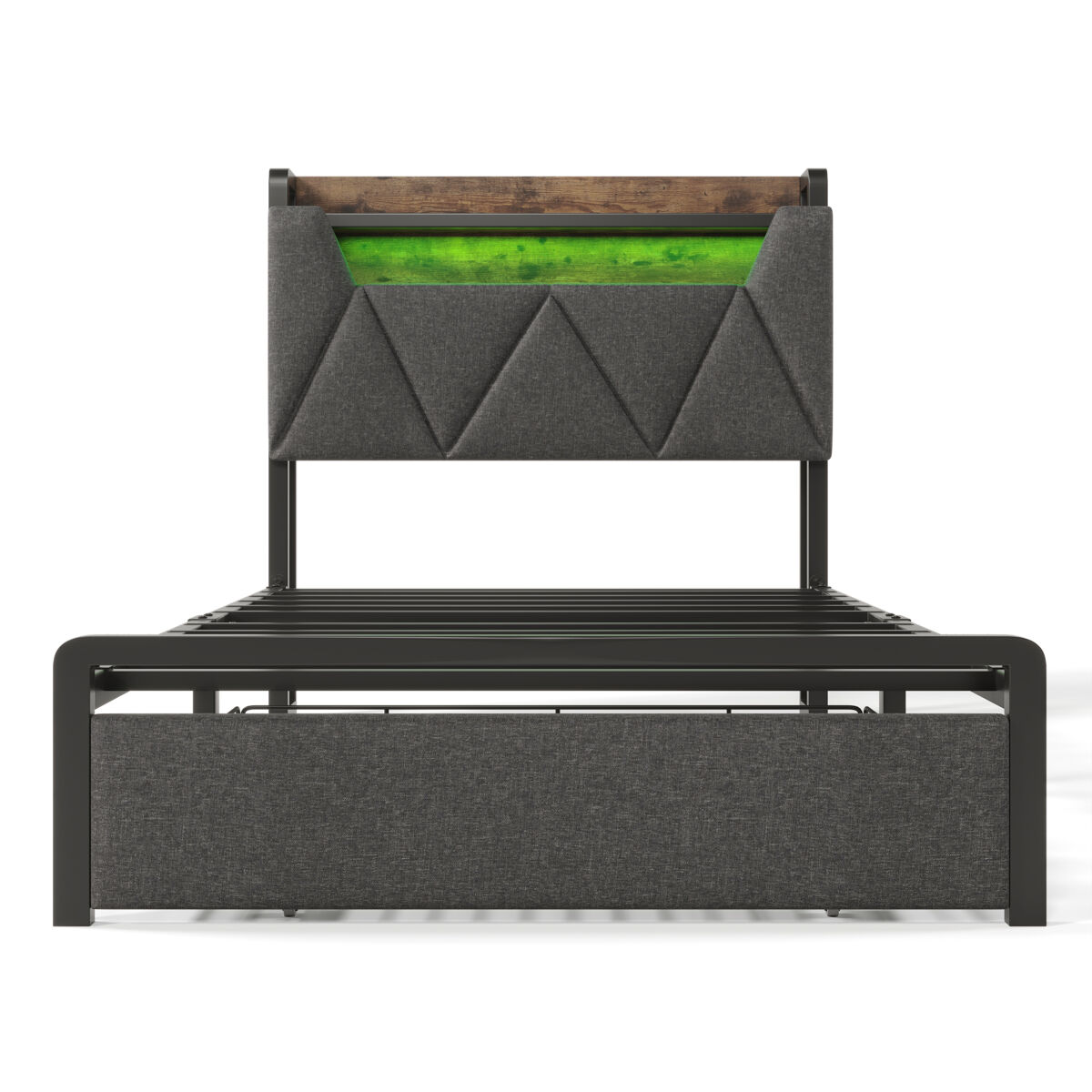 Cama individual 90x200cm - cama con función de carga usb tipo c, cabecero con almacenamiento, iluminación led y cajones - gris