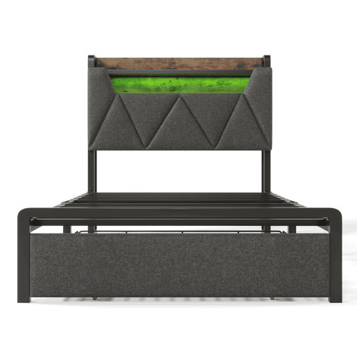Cama individual 90x200 cm - Cama com função de carregamento USB Tipo C, cabeceira com arrumação, iluminação LED e gavetas - Cinza
