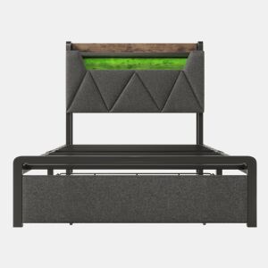Cama individual 90x200 cm - Cama com função de carregamento USB Tipo C, cabeceira com arrumação, iluminação LED e gavetas - Cinza