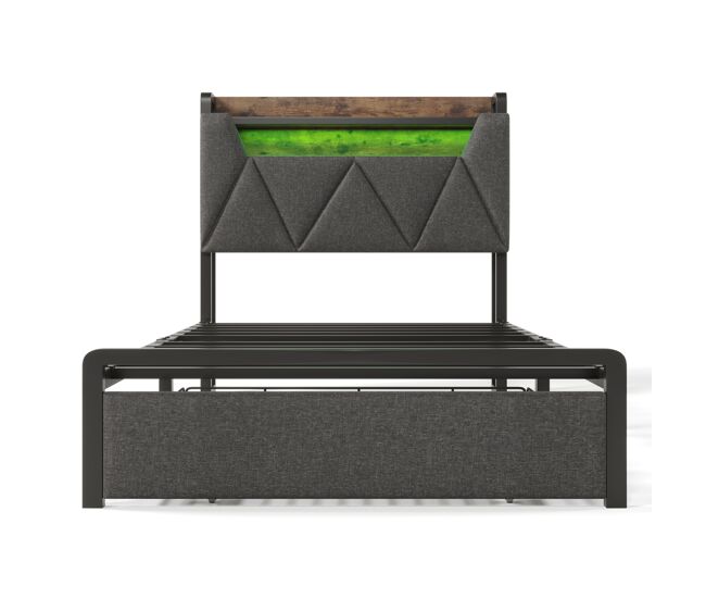 Cama individual 90x200cm - cama con función de carga usb tipo c, cabecero con almacenamiento, iluminación led y cajones - gris