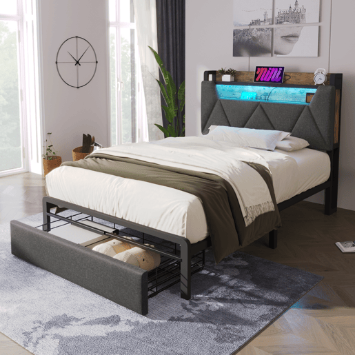 Cama individual 90x200 cm - Cama com função de carregamento USB Tipo C, cabeceira com arrumação, iluminação LED e gavetas - Cinza