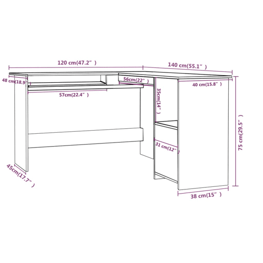 Secretária de canto - Mesa de computador forma L 120x140x75cm contraplacado cinzento