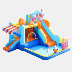 Castelo insuflável para crianças - Parque aquático multifuncional + trampolim, escorregador de água, pequeno escorregador, fonte, pistolas de água, toldo - Azul