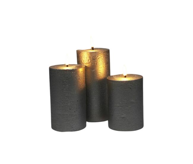 Well home set de 3 velas led en color plata de superficie rústica