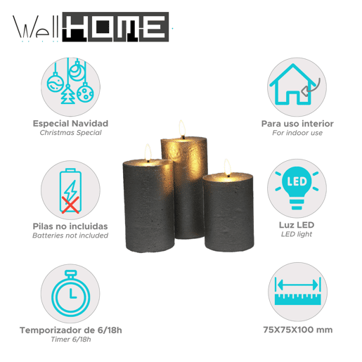 Conjunto de 3 velas LED de superfície rústica Well Home