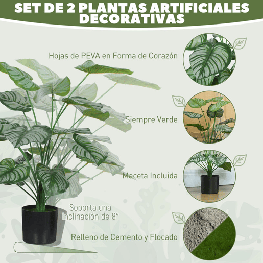 HOMCOM Conjunto de 2 Plantas Artificiais Decorativas 65 cm Plantas Artificiais com Vaso e Folhas para Interior Casa Sala de Estar Escritório Verde