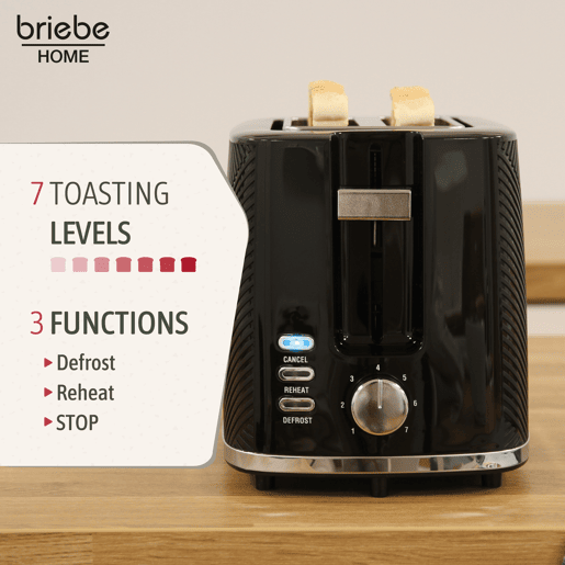 Briebe TA1169BLK Elegance Torradeira Ranhura Larga 2 Fatias, 7 Níveis de tostagem, Grelha de Aquecimento, Descongelação, 870, Preto