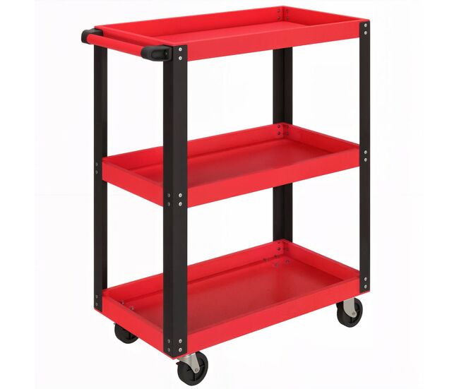 Homcom carro de taller, carro de herramientas con 3 estantes, ruedas con frenos y asa lateral, para garaje mecánico, hogar, carga 120 kg, rojo