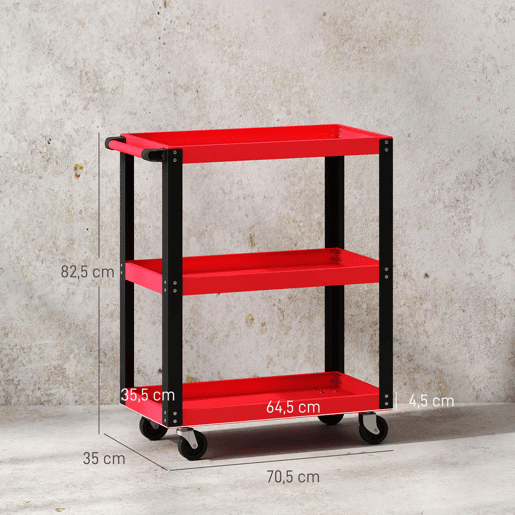 HOMCOM Carrinho de Oficina Carrinho de Ferramentas com 3 Prateleiras Rodas com Travões e Alça Lateral para Garagem Mecânica Casa Carga 120 kg Vermelho
