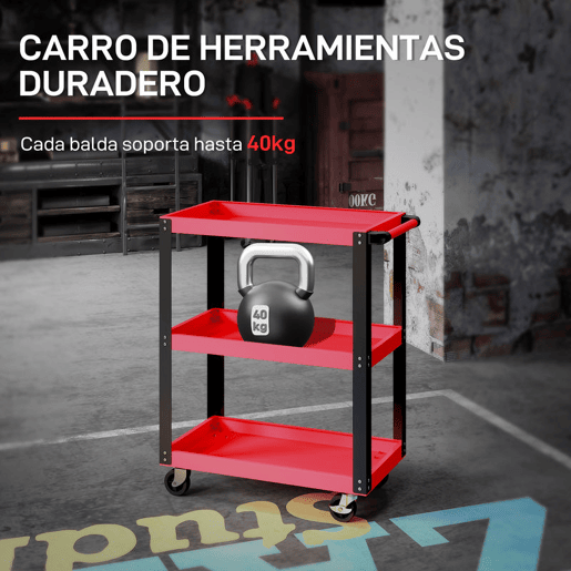 HOMCOM Carrinho de Oficina Carrinho de Ferramentas com 3 Prateleiras Rodas com Travões e Alça Lateral para Garagem Mecânica Casa Carga 120 kg Vermelho