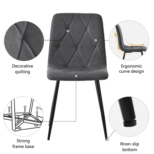 Cadeira de jantar (4 unidades), cinza escuro, cadeira de design com encosto, assento em linho twill, estrutura metálica, pernas metálicas