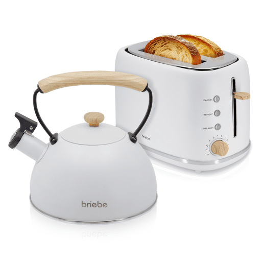 Briebe SKT1177WHT Nordic Tostapane a Fessura Larga a 2 Fette+ Chaleira de Indução com Apito, 2,3 L, 870, Branco