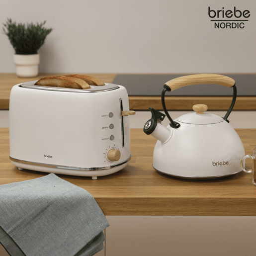 Briebe SKT1177WHT Nordic Tostapane a Fessura Larga a 2 Fette+ Chaleira de Indução com Apito, 2,3 L, 870, Branco