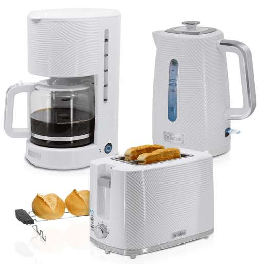 Briebe SKT1178WHT Elegance Conjunto de Torradeira de Pão 2 Fatias + Chaleira Elétrica 1,7L + Máquina de Café Filtro 10 Chávenas, , Branco