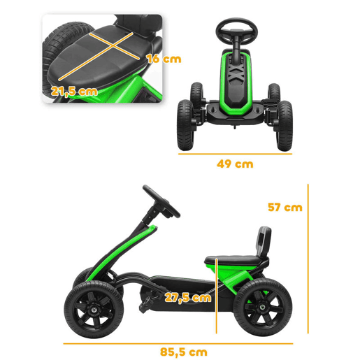 AIYAPLAY Kart Pedais Kart com Rodas Antiderrapantes de EVA Estrutura Metálica Carga 30 kg para Crianças de 2-5 Anos 85,5x49x57 cm Verde