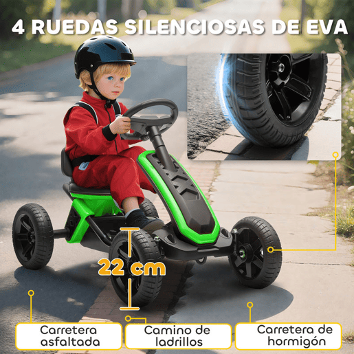 AIYAPLAY Kart Pedais Kart com Rodas Antiderrapantes de EVA Estrutura Metálica Carga 30 kg para Crianças de 2-5 Anos 85,5x49x57 cm Verde