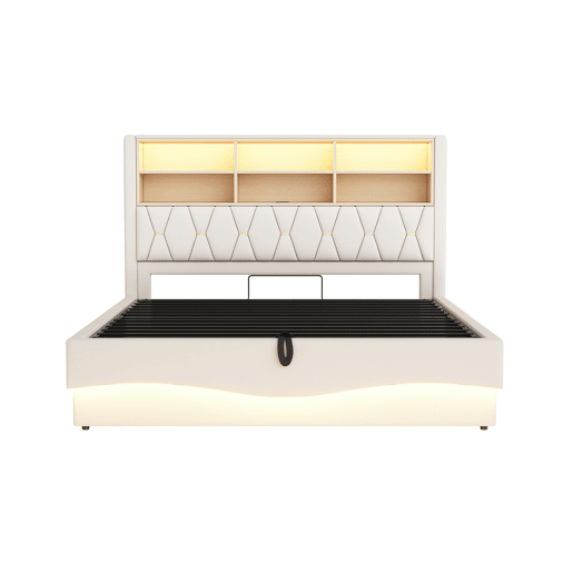 Cama estofada 180x200 cm - com armazenamento hidráulico, faixa de luz LED controlada por app, porta USB, base de metal - Bege Cama estofada 180x200 cm - com armazenamento hidráulico, faixa de luz LED controlada por app, porta USB, base de metal - Bege