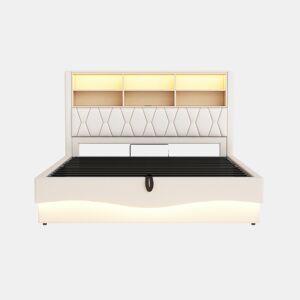 Cama estofada 180x200 cm - com armazenamento hidráulico, faixa de luz LED controlada por app, porta USB, base de metal - Bege