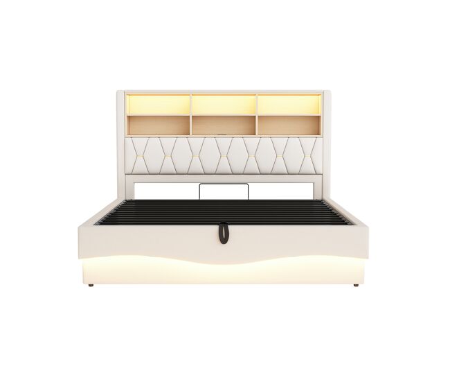 Cama tapizada 180x200 cm - con almacenamiento hidráulico, banda de luz led controlada por app, puerto usb, somier de metal - beige