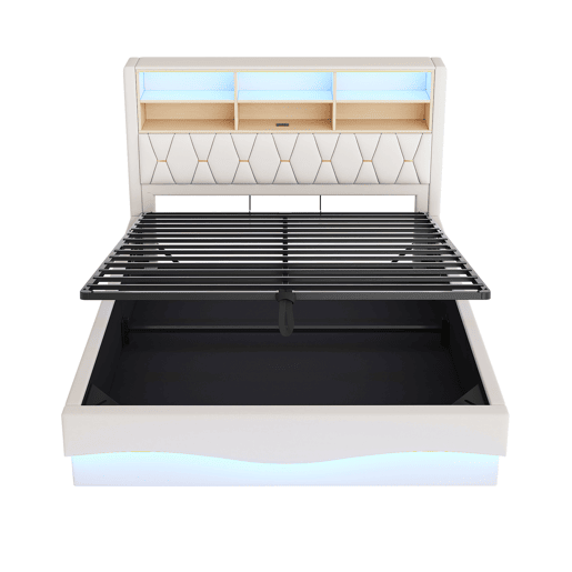 Cama estofada 180x200 cm - com armazenamento hidráulico, faixa de luz LED controlada por app, porta USB, base de metal - Bege Cama estofada 180x200 cm - com armazenamento hidráulico, faixa de luz LED controlada por app, porta USB, base de metal - Bege