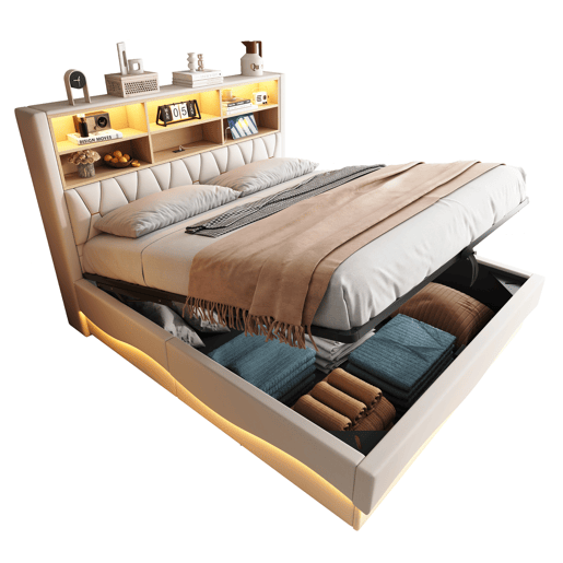 Cama estofada 180x200 cm - com armazenamento hidráulico, faixa de luz LED controlada por app, porta USB, base de metal - Bege Cama estofada 180x200 cm - com armazenamento hidráulico, faixa de luz LED controlada por app, porta USB, base de metal - Bege