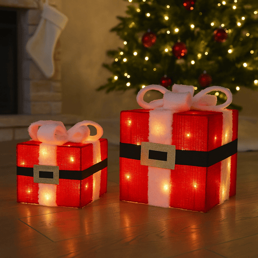 Conjunto de decoração de Natal Well Home com 2 caixas de presente com luzes LED