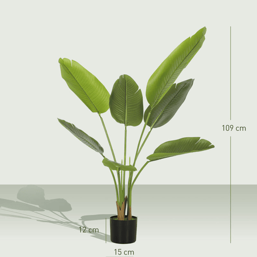 HOMCOM Planta Artificial Decorativa 109 cm Bananeira Artificial com Vaso e Folhas para Interior Casa Sala de Estar Escritório Verde