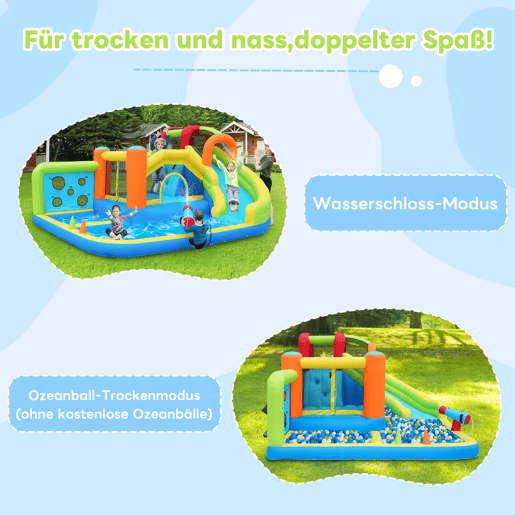 Castelo insuflável com soprador - parque aquático multifuncional + trampolim para crianças, escorregador, parede de lançamento, aro de basquetebol, parede de escalada - Azul