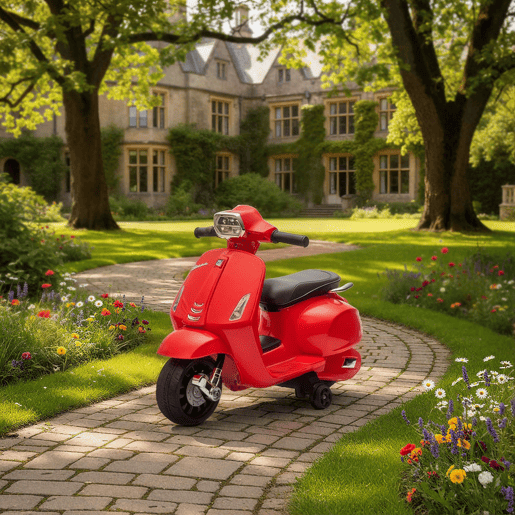 AIYAPLAY Moto Elétrica Infantil 6V com Licença Vespa, Moto Elétrica para Crianças com Rodas Auxiliares de 6,9'', Velocidade de 2,5 kmh, Farol e Buzina, para Crianças de 2 a 4 Anos, Vermelha