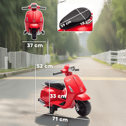 AIYAPLAY Moto Elétrica Infantil 6V com Licença Vespa, Moto Elétrica para Crianças com Rodas Auxiliares de 6,9'', Velocidade de 2,5 kmh, Farol e Buzina, para Crianças de 2 a 4 Anos, Vermelha