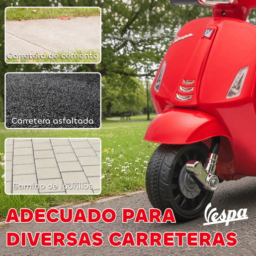 AIYAPLAY Moto Elétrica Infantil 6V com Licença Vespa, Moto Elétrica para Crianças com Rodas Auxiliares de 6,9'', Velocidade de 2,5 kmh, Farol e Buzina, para Crianças de 2 a 4 Anos, Vermelha